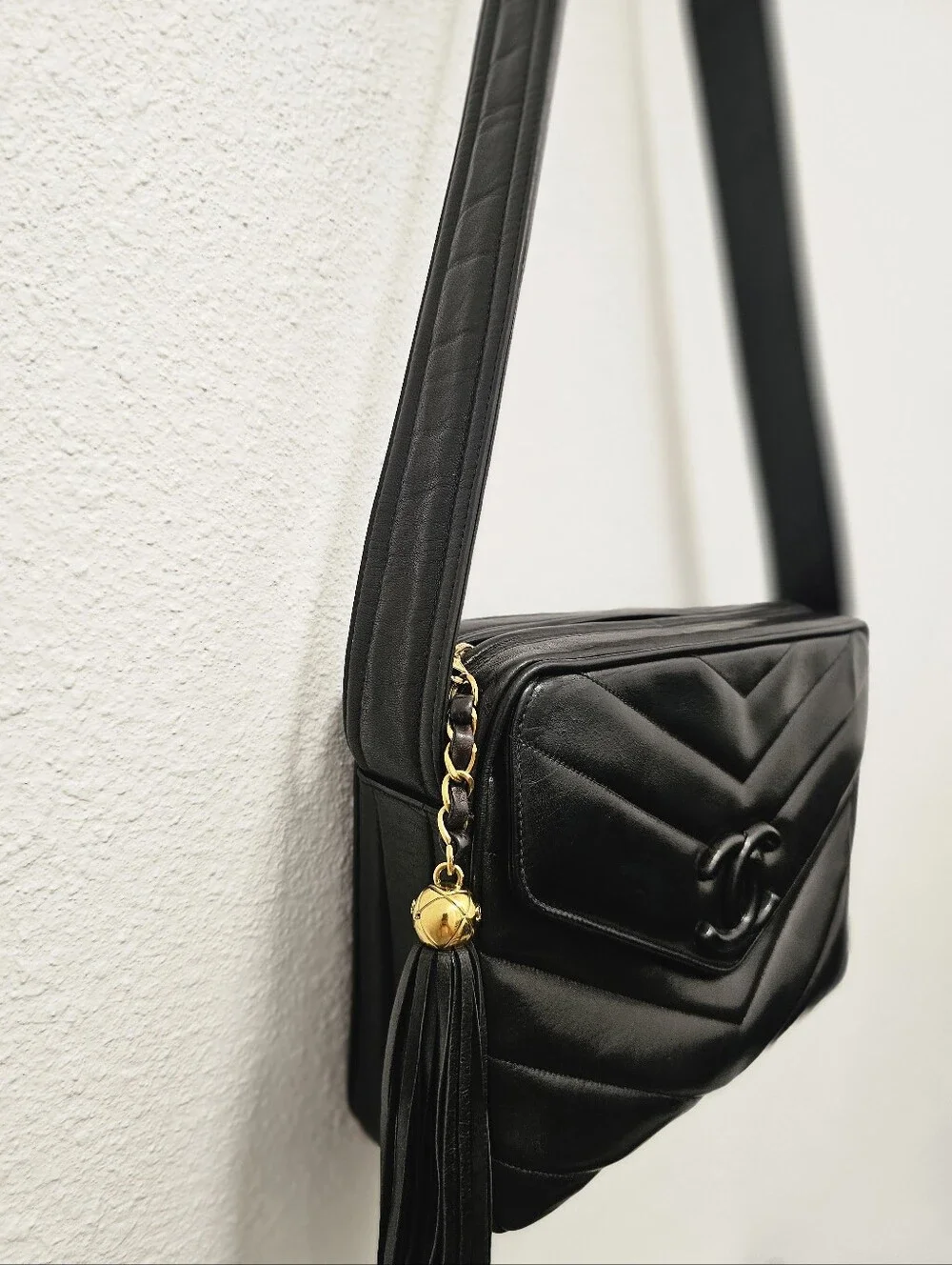 AUTHENTIC Vintage Chanel Black Chevron Leather Tassel Camera Bag (3-Series)
